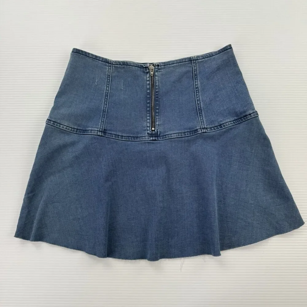 Free People Denim Mini Skirt Size 6 Blue Flare Raw Hem High Waist NWT $68
